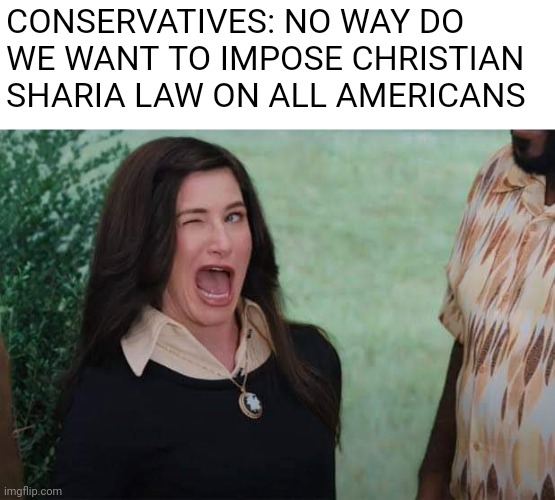 WandaVision Agnes wink | CONSERVATIVES: NO WAY DO WE WANT TO IMPOSE CHRISTIAN SHARIA LAW ON ALL AMERICANS | image tagged in wandavision agnes wink,scumbag republicans,sharia law,terrorists,conservative hypocrisy | made w/ Imgflip meme maker