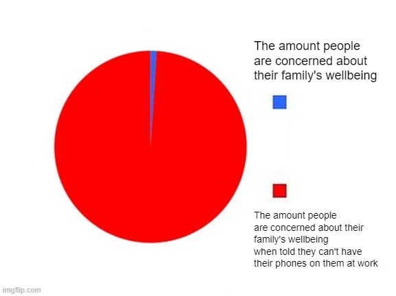 My mom could be driving off a cliff RIGHT NOW! | The amount people are concerned about their family's wellbeing; The amount people are concerned about their family's wellbeing 
when told they can't have their phones on them at work | image tagged in circle graph | made w/ Imgflip meme maker