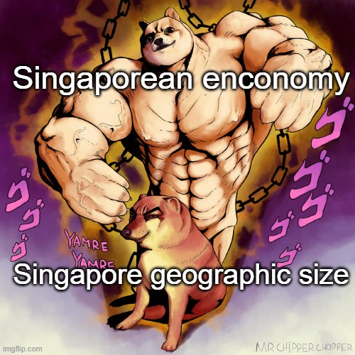 me when singaproe |  Singaporean enconomy; Singapore geographic size | image tagged in cheems and buff doge stand | made w/ Imgflip meme maker