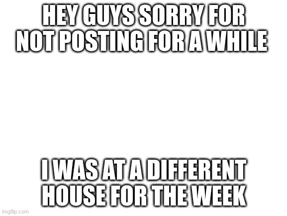 sorry | HEY GUYS SORRY FOR NOT POSTING FOR A WHILE; I WAS AT A DIFFERENT HOUSE FOR THE WEEK | image tagged in blank white template | made w/ Imgflip meme maker