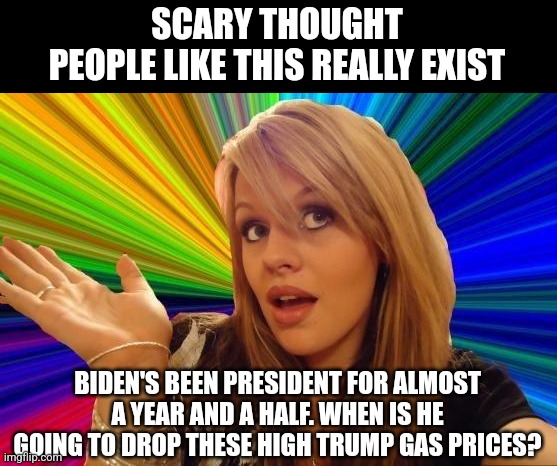 I heard this the other day! No joke, there are people THIS stupid in the world and they are voting too! | SCARY THOUGHT
PEOPLE LIKE THIS REALLY EXIST; BIDEN'S BEEN PRESIDENT FOR ALMOST A YEAR AND A HALF. WHEN IS HE GOING TO DROP THESE HIGH TRUMP GAS PRICES? | image tagged in dumb blonde,biden,inflation,scary,brainwashing,liberals | made w/ Imgflip meme maker