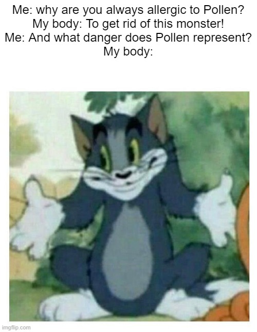 Too relatable | Me: why are you always allergic to Pollen?
My body: To get rid of this monster!
Me: And what danger does Pollen represent?
My body: | image tagged in idk tom template,memes,funny,oh wow are you actually reading these tags,stop reading the tags,relatable | made w/ Imgflip meme maker