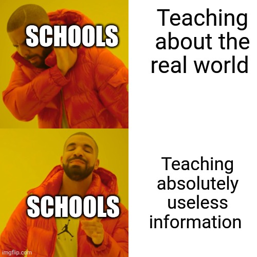 Neutrally love and hate school. But most people relate. | Teaching about the real world; SCHOOLS; Teaching absolutely useless information; SCHOOLS | image tagged in memes,drake hotline bling | made w/ Imgflip meme maker