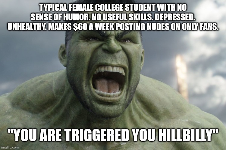 Raging Hulk | TYPICAL FEMALE COLLEGE STUDENT WITH NO SENSE OF HUMOR. NO USEFUL SKILLS. DEPRESSED. UNHEALTHY. MAKES $60 A WEEK POSTING NUDES ON ONLY FANS.  | image tagged in raging hulk | made w/ Imgflip meme maker