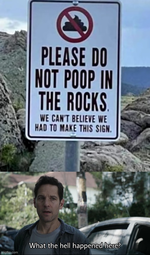 WHY ARE PEOPLE POOPING ON ROCKS!? | image tagged in what the hell happened here,funny signs | made w/ Imgflip meme maker
