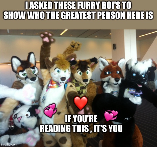 Ta daaaaaaaaaa!! | I ASKED THESE FURRY BOI'S TO SHOW WHO THE GREATEST PERSON HERE IS; ❤️; 💞; 💞; IF YOU'RE READING THIS , IT'S YOU | image tagged in furries,wholesome | made w/ Imgflip meme maker