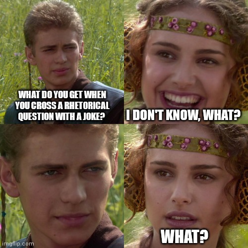 What? | WHAT DO YOU GET WHEN YOU CROSS A RHETORICAL QUESTION WITH A JOKE? I DON'T KNOW, WHAT? WHAT? | image tagged in anakin padme 4 panel,bad jokes | made w/ Imgflip meme maker