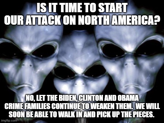 Waiting for the perfect time | IS IT TIME TO START OUR ATTACK ON NORTH AMERICA? NO, LET THE BIDEN, CLINTON AND OBAMA CRIME FAMILIES CONTINUE TO WEAKEN THEM.  WE WILL SOON BE ABLE TO WALK IN AND PICK UP THE PIECES. | image tagged in angry aliens,waiting for the perfect time,death to humans,obama crime family,clinton crime family,biden crime family | made w/ Imgflip meme maker