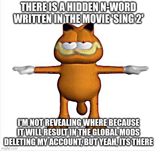 garfield t-pose | THERE IS A HIDDEN N-WORD WRITTEN IN THE MOVIE 'SING 2'; I'M NOT REVEALING WHERE BECAUSE IT WILL RESULT IN THE GLOBAL MODS DELETING MY ACCOUNT, BUT YEAH, ITS THERE | image tagged in garfield t-pose | made w/ Imgflip meme maker