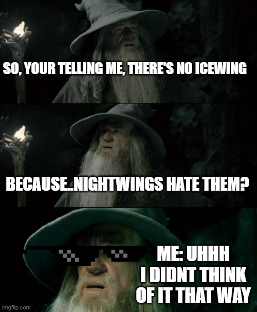 Confused Gandalf Meme | SO, YOUR TELLING ME, THERE'S NO ICEWING; BECAUSE..NIGHTWINGS HATE THEM? ME: UHHH I DIDNT THINK OF IT THAT WAY | image tagged in memes,confused gandalf | made w/ Imgflip meme maker