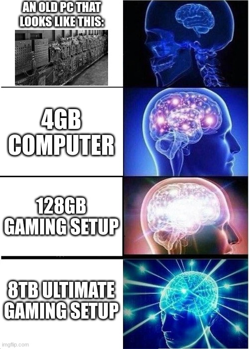 Your computer ranked | AN OLD PC THAT LOOKS LIKE THIS:; 4GB COMPUTER; 128GB GAMING SETUP; 8TB ULTIMATE GAMING SETUP | image tagged in memes,expanding brain | made w/ Imgflip meme maker