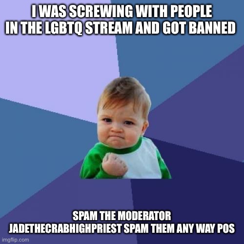 Spam thems | I WAS SCREWING WITH PEOPLE IN THE LGBTQ STREAM AND GOT BANNED; SPAM THE MODERATOR JADETHECRABHIGHPRIEST SPAM THEM ANY WAY POSSIBLE | image tagged in memes,success kid | made w/ Imgflip meme maker