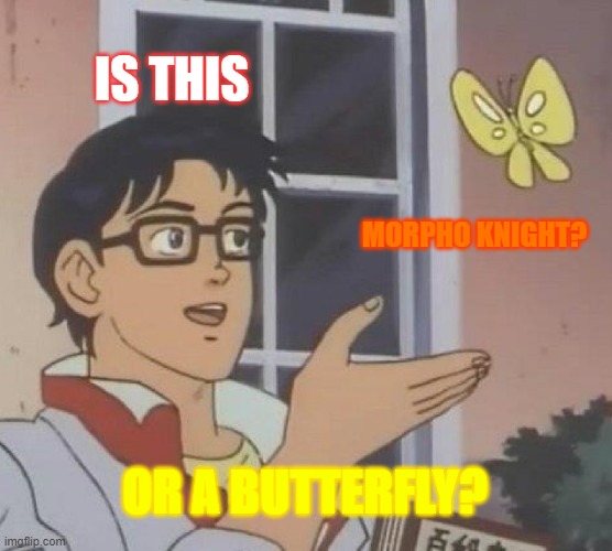 Is This A Pigeon Meme | IS THIS; MORPHO KNIGHT? OR A BUTTERFLY? | image tagged in memes,is this a pigeon | made w/ Imgflip meme maker