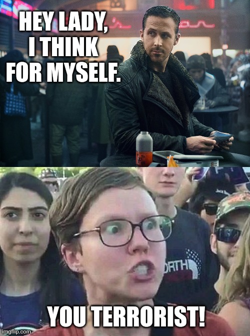 You're a terrorist if you think for yourself. | HEY LADY, I THINK FOR MYSELF. YOU TERRORIST! | image tagged in blade runner,triggered liberal | made w/ Imgflip meme maker