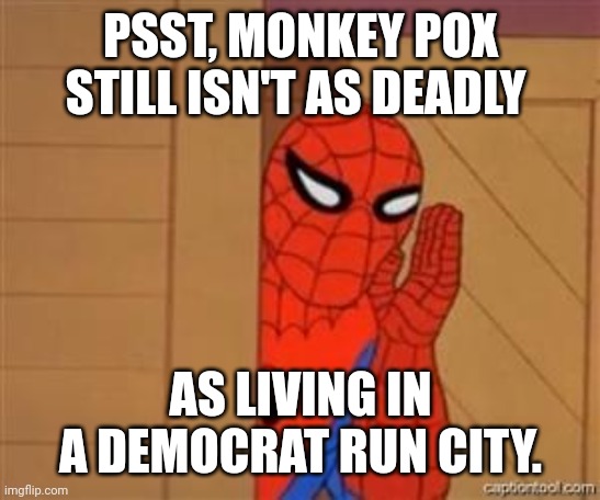 Very dangerous in some of these cities. | PSST, MONKEY POX STILL ISN'T AS DEADLY; AS LIVING IN A DEMOCRAT RUN CITY. | image tagged in psst spiderman | made w/ Imgflip meme maker