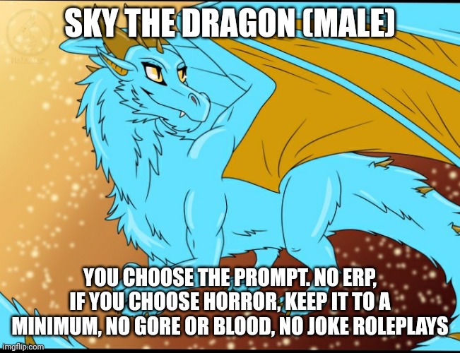 Sky Dragon | SKY THE DRAGON (MALE); YOU CHOOSE THE PROMPT. NO ERP, IF YOU CHOOSE HORROR, KEEP IT TO A MINIMUM, NO GORE OR BLOOD, NO JOKE ROLEPLAYS | image tagged in sky dragon | made w/ Imgflip meme maker