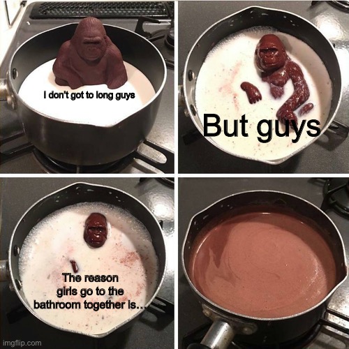 Melting Gorilla | I don’t got to long guys; But guys; The reason girls go to the bathroom together is… | image tagged in melting gorilla | made w/ Imgflip meme maker