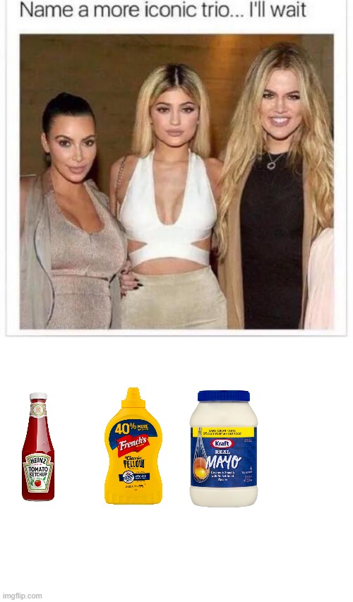 There was no relish :( | image tagged in name a more iconic trio,blank white template,mustard,mayonaise,ketchup | made w/ Imgflip meme maker