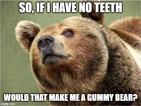 Toothless | SO, IF I HAVE NO TEETH; WOULD THAT MAKE ME A GUMMY BEAR? | image tagged in memes,smug bear | made w/ Imgflip meme maker