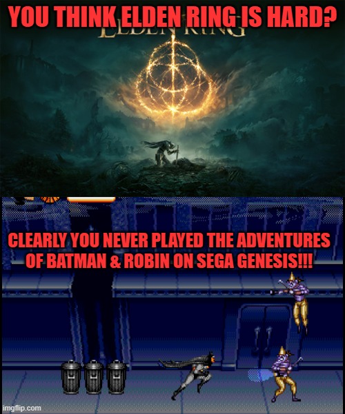 YOU THINK ELDEN RING IS HARD? CLEARLY YOU NEVER PLAYED THE ADVENTURES OF BATMAN & ROBIN ON SEGA GENESIS!!! | image tagged in elden ring,batman,cartoon,hard | made w/ Imgflip meme maker