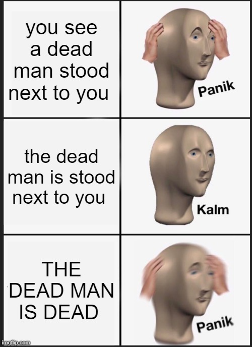 TIME TO PANIC | you see a dead man stood next to you; the dead man is stood next to you; THE DEAD MAN IS DEAD | image tagged in memes,panik kalm panik | made w/ Imgflip meme maker