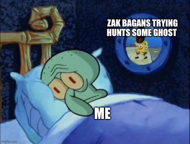 Squidward Can't Sleep | ZAK BAGANS TRYING HUNTS SOME GHOST; ME | image tagged in squidward can't sleep | made w/ Imgflip meme maker