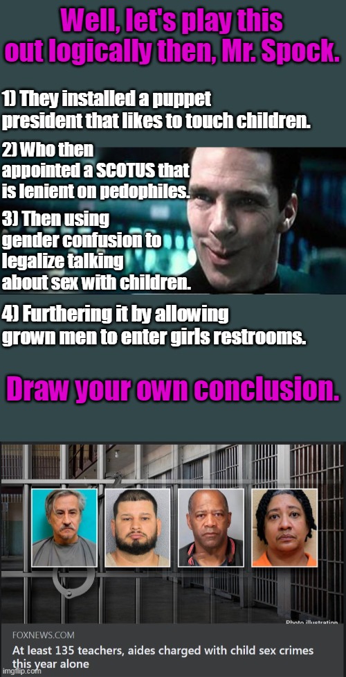 And you want to have a reasonable discussion and debate with them? | Well, let's play this out logically then, Mr. Spock. 1) They installed a puppet president that likes to touch children. 2) Who then appointed a SCOTUS that is lenient on pedophiles. 3) Then using gender confusion to legalize talking about sex with children. 4) Furthering it by allowing grown men to enter girls restrooms. Draw your own conclusion. | image tagged in pedophiles,democrats,left,liberals,woke,communists | made w/ Imgflip meme maker