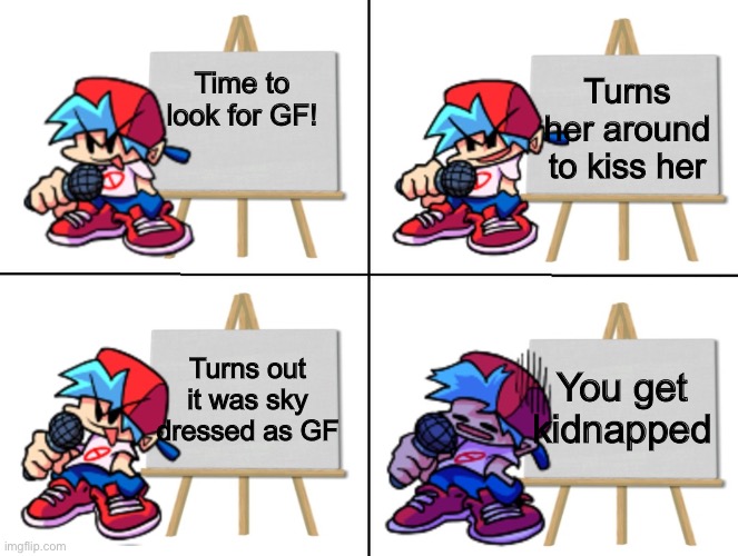 Hope gf saves bf | Turns her around to kiss her; Time to look for GF! Turns out it was sky dressed as GF; You get kidnapped | image tagged in the bf's plan | made w/ Imgflip meme maker