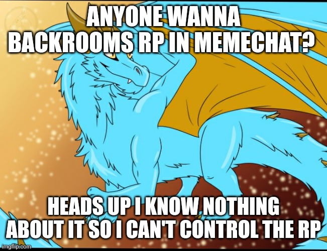 Sky Dragon | ANYONE WANNA BACKROOMS RP IN MEMECHAT? HEADS UP I KNOW NOTHING ABOUT IT SO I CAN'T CONTROL THE RP | image tagged in sky dragon | made w/ Imgflip meme maker