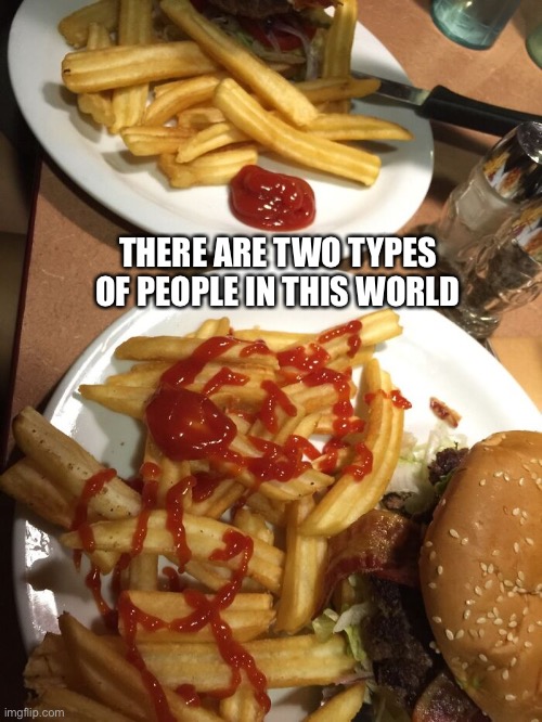 Either work to for me | THERE ARE TWO TYPES OF PEOPLE IN THIS WORLD | image tagged in food,fries,ketchup,memes,two types of people | made w/ Imgflip meme maker