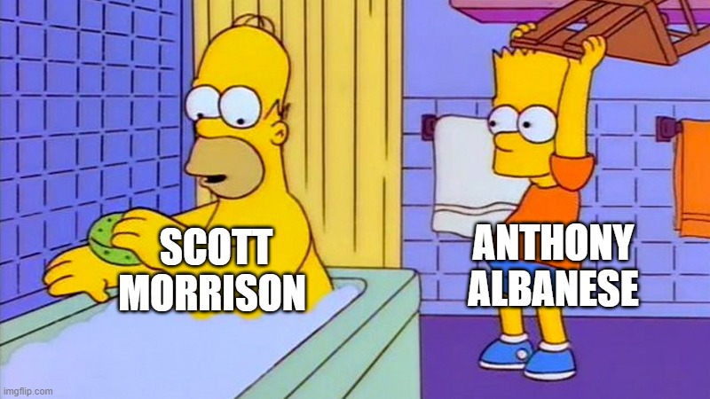 bart hitting homer with a chair | ANTHONY ALBANESE; SCOTT MORRISON | image tagged in bart hitting homer with a chair | made w/ Imgflip meme maker