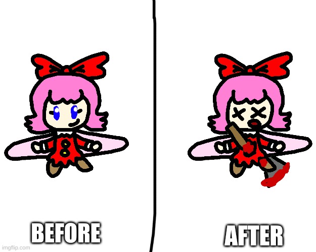 Ribbon dies from a knife again (I love to keep on murdering this cute fairy character) | AFTER; BEFORE | image tagged in ribbon,kirby,blood,gore,funny,cute | made w/ Imgflip meme maker