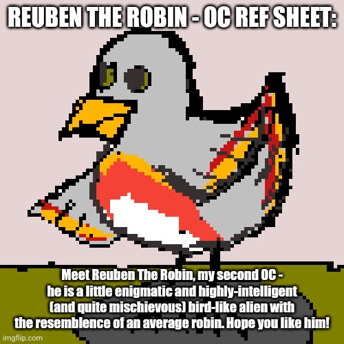 Meet Reuben The Robin (my second OC - made on Pixilart)!!! | REUBEN THE ROBIN - OC REF SHEET:; Meet Reuben The Robin, my second OC - he is a little enigmatic and highly-intelligent (and quite mischievous) bird-like alien with the resemblence of an average robin. Hope you like him! | image tagged in simothefinlandized,oc,reference sheet,avian,reuben the robin,pixilart | made w/ Imgflip meme maker