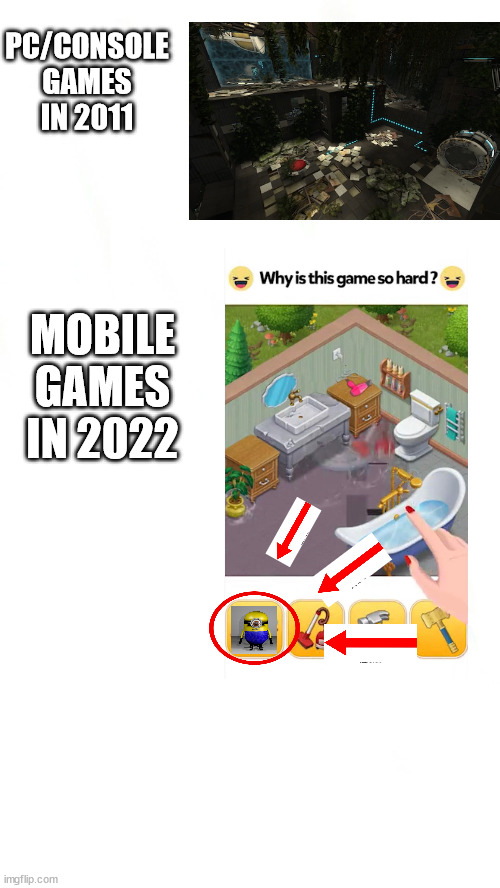 yOu CaNt BeAt LeVeL 1 | PC/CONSOLE GAMES IN 2011; MOBILE GAMES IN 2022 | image tagged in minions,gaming,pc gaming,portal,portal 2,ads | made w/ Imgflip meme maker
