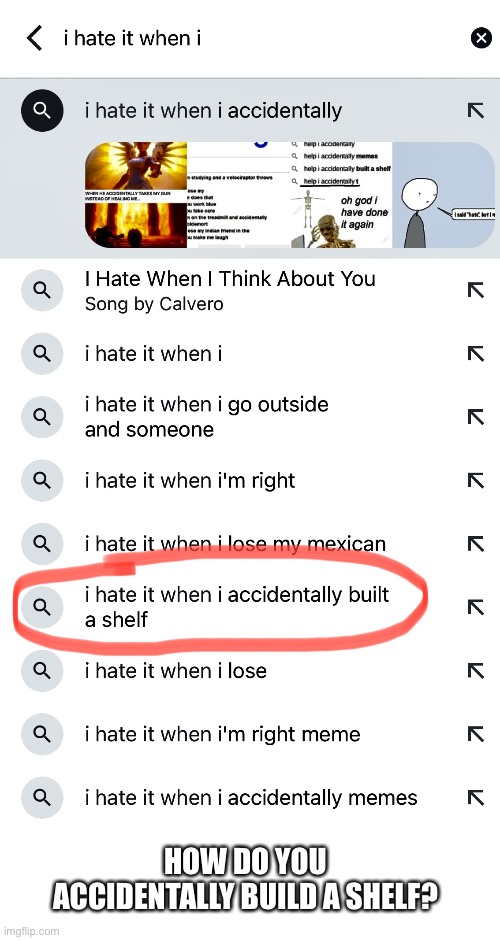 I Hate It When Google Meme | HOW DO YOU ACCIDENTALLY BUILD A SHELF? | image tagged in i hate it when,build a shelf,accidentally,google search,google | made w/ Imgflip meme maker