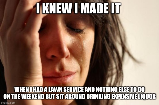First World Problems |  I KNEW I MADE IT; WHEN I HAD A LAWN SERVICE AND NOTHING ELSE TO DO ON THE WEEKEND BUT SIT AROUND DRINKING EXPENSIVE LIQUOR | image tagged in memes,first world problems | made w/ Imgflip meme maker