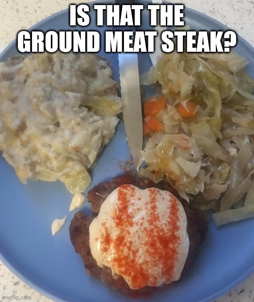 Its the sauce of life. |  IS THAT THE GROUND MEAT STEAK? | image tagged in poorman steak,meal,food | made w/ Imgflip meme maker