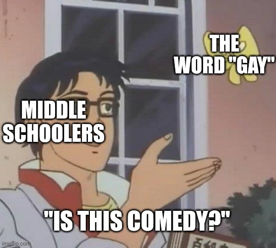 They always make gay jokes and stuff, like "ur mom gay" or whatever :| | THE WORD "GAY"; MIDDLE SCHOOLERS; "IS THIS COMEDY?" | image tagged in lgbtq,middle school,gay,jokes,stupid | made w/ Imgflip meme maker