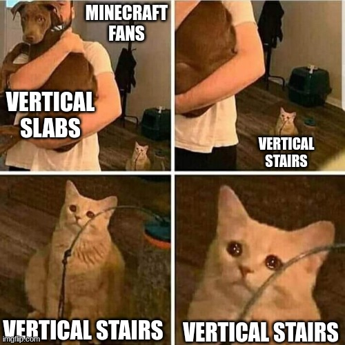 Frick vertical slabs! All my homies want vertical stairs (also haven't posted here in a while) |  MINECRAFT FANS; VERTICAL SLABS; VERTICAL STAIRS; VERTICAL STAIRS; VERTICAL STAIRS | image tagged in sad cat holding dog,memes,minecraft | made w/ Imgflip meme maker