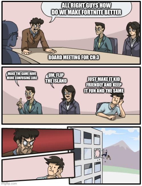 Epic games in December 2021 | ALL RIGHT GUYS HOW DO WE MAKE FORTNITE BETTER; BOARD MEETING FOR CH:3; UM, FLIP THE ISLAND; MAKE THE GAME HAVE MORE CONFUSING LORE; JUST MAKE IT KID FRIENDLY AND KEEP IT FUN AND THE SAME | image tagged in boardroom suggestion,fortnite meme,stop it,oh wow are you actually reading these tags,stop it get some help,please | made w/ Imgflip meme maker