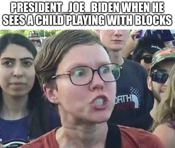 Triggered Liberal | PRESIDENT_JOE_BIDEN WHEN HE SEES A CHILD PLAYING WITH BLOCKS | image tagged in triggered liberal | made w/ Imgflip meme maker