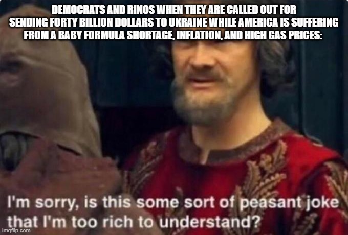 Is this some kind of peasant joke I'm too rich to understand? | DEMOCRATS AND RINOS WHEN THEY ARE CALLED OUT FOR SENDING FORTY BILLION DOLLARS TO UKRAINE WHILE AMERICA IS SUFFERING FROM A BABY FORMULA SHORTAGE, INFLATION, AND HIGH GAS PRICES: | image tagged in is this some kind of peasant joke i'm too rich to understand | made w/ Imgflip meme maker