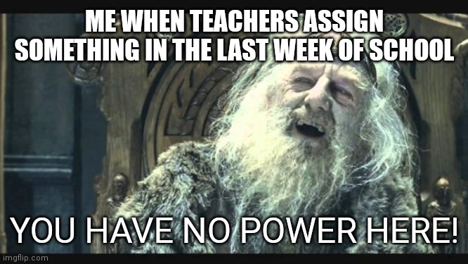 You have no power here | ME WHEN TEACHERS ASSIGN SOMETHING IN THE LAST WEEK OF SCHOOL; YOU HAVE NO POWER HERE! | image tagged in you have no power here | made w/ Imgflip meme maker