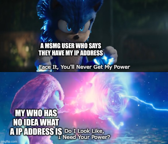 Do I Look Like I Need Your Power Meme | A MSMG USER WHO SAYS THEY HAVE MY IP ADDRESS; MY WHO HAS NO IDEA WHAT A IP ADDRESS IS | image tagged in do i look like i need your power meme | made w/ Imgflip meme maker