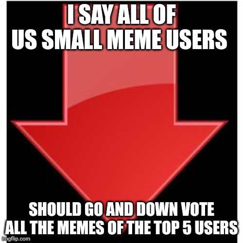 Or at least the ones on the leaderboard who only help each other out all the time | I SAY ALL OF US SMALL MEME USERS; SHOULD GO AND DOWN VOTE ALL THE MEMES OF THE TOP 5 USERS | image tagged in down-vote,imgflip users | made w/ Imgflip meme maker