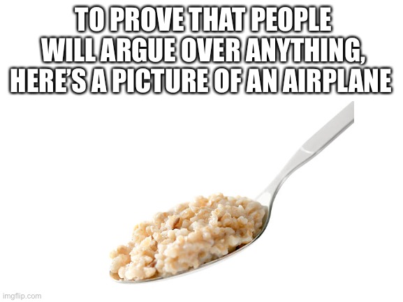 Childhood Meme |  TO PROVE THAT PEOPLE WILL ARGUE OVER ANYTHING, HERE’S A PICTURE OF AN AIRPLANE | image tagged in funny,memes,food,relatable,fun | made w/ Imgflip meme maker