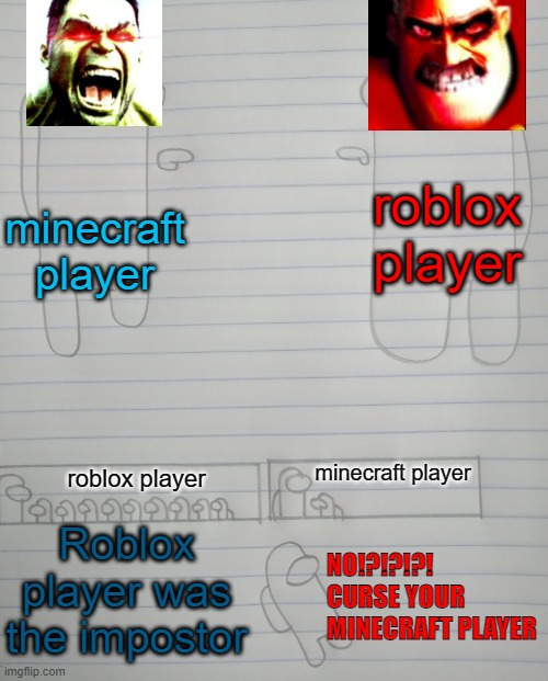 minecraft player and roblox player who is impostor | roblox player; minecraft player; minecraft player; roblox player; NO!?!?!?! CURSE YOUR MINECRAFT PLAYER; Roblox player was the impostor | image tagged in crewmate blaming another crewmate | made w/ Imgflip meme maker