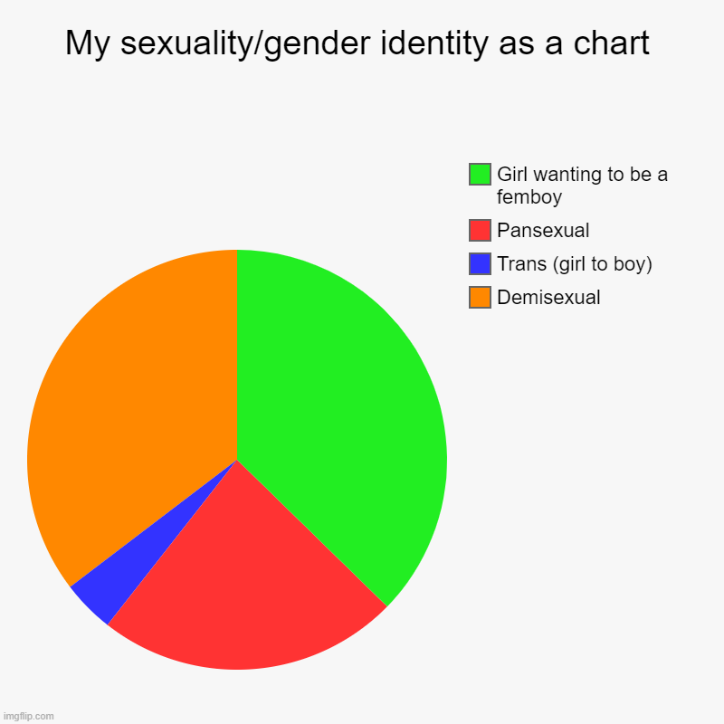 Share yours too! | My sexuality/gender identity as a chart | Demisexual, Trans (girl to boy), Pansexual, Girl wanting to be a femboy | image tagged in charts,pie charts,transgender,sexuality,pie chart | made w/ Imgflip chart maker