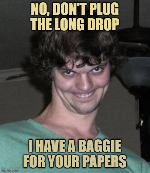 Creepy guy  | NO, DON'T PLUG THE LONG DROP I HAVE A BAGGIE FOR YOUR PAPERS | image tagged in creepy guy | made w/ Imgflip meme maker