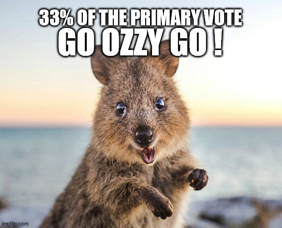 33% of the primary vote go ozzy go | GO OZZY GO ! 33% OF THE PRIMARY VOTE | image tagged in albo,morrison,australian election | made w/ Imgflip meme maker